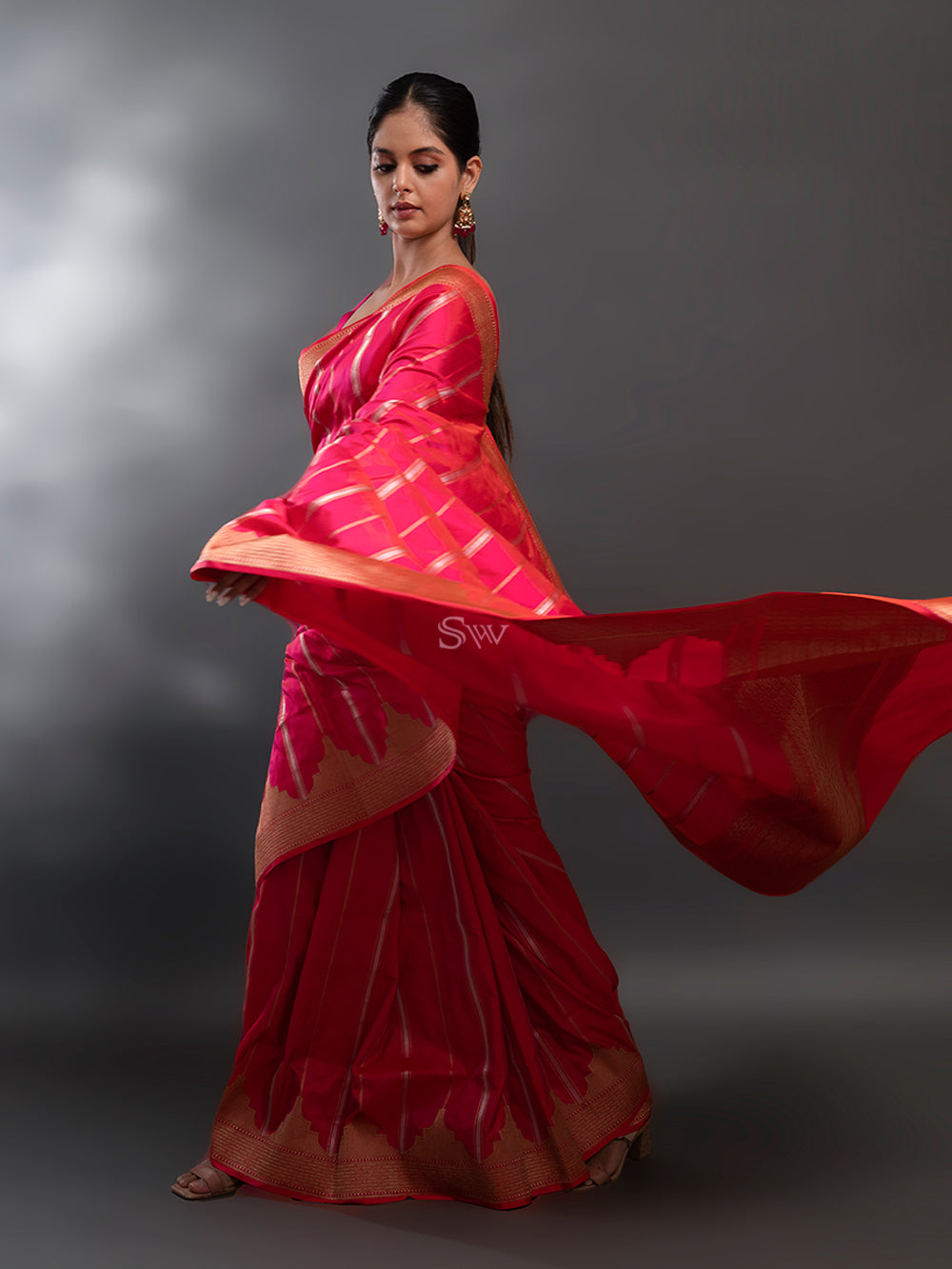 Pink-Orange Stripe Katan Silk Handloom Banarasi Saree - Sacred Weaves