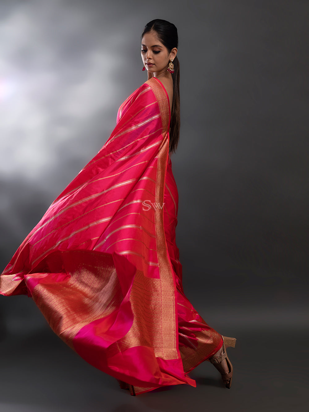 Pink-Orange Stripe Katan Silk Handloom Banarasi Saree - Sacred Weaves