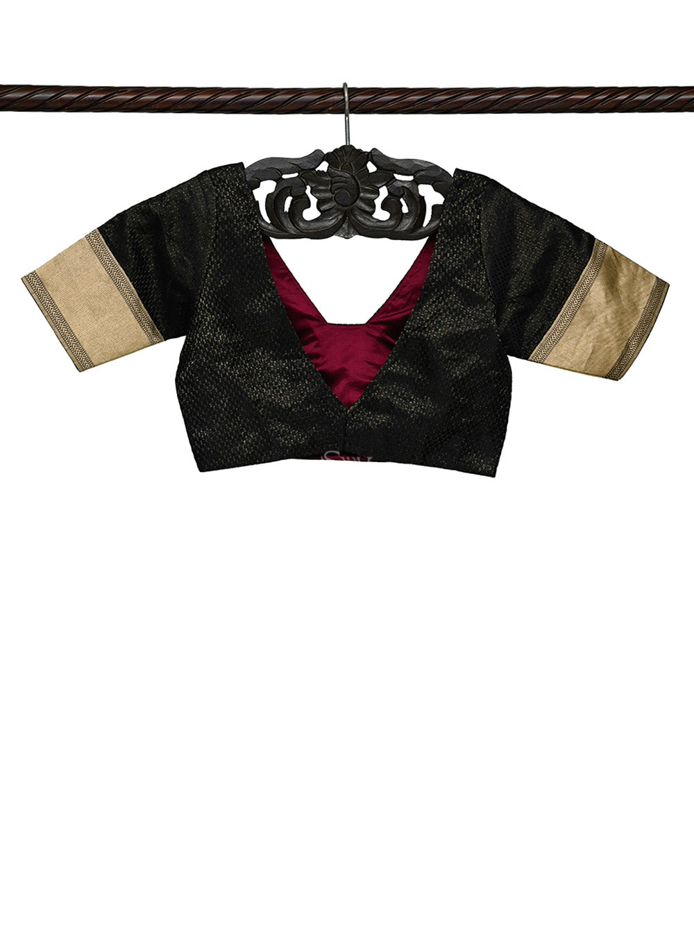 Black Satin Tissue Silk Banarasi Ready-Made Blouse - Sacred Weaves