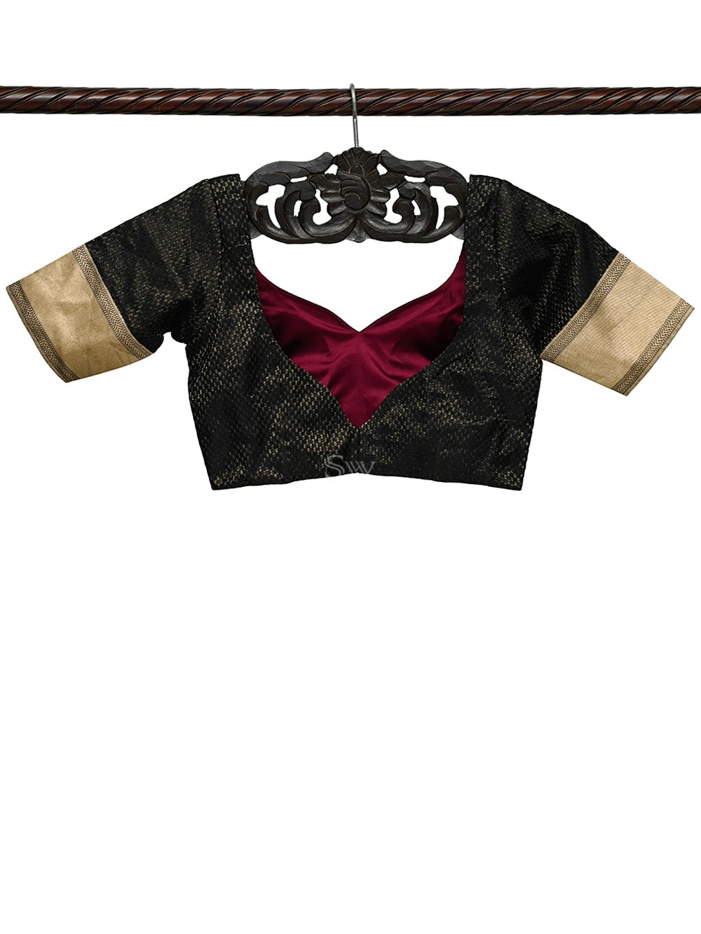 Black Satin Tissue Silk Banarasi Ready-Made Blouse - Sacred Weaves