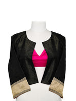 Black Satin Tissue Handloom Banarasi Jacket - Sacred Weaves
