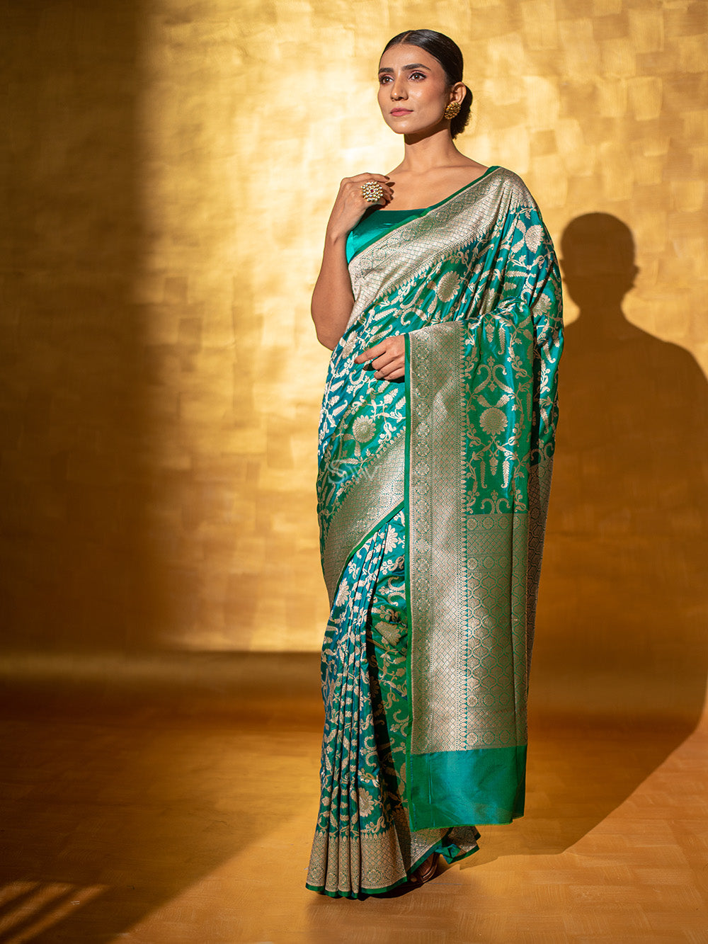 Teal Green Uppada Katan Silk Handloom Banarasi Saree - Sacred Weaves