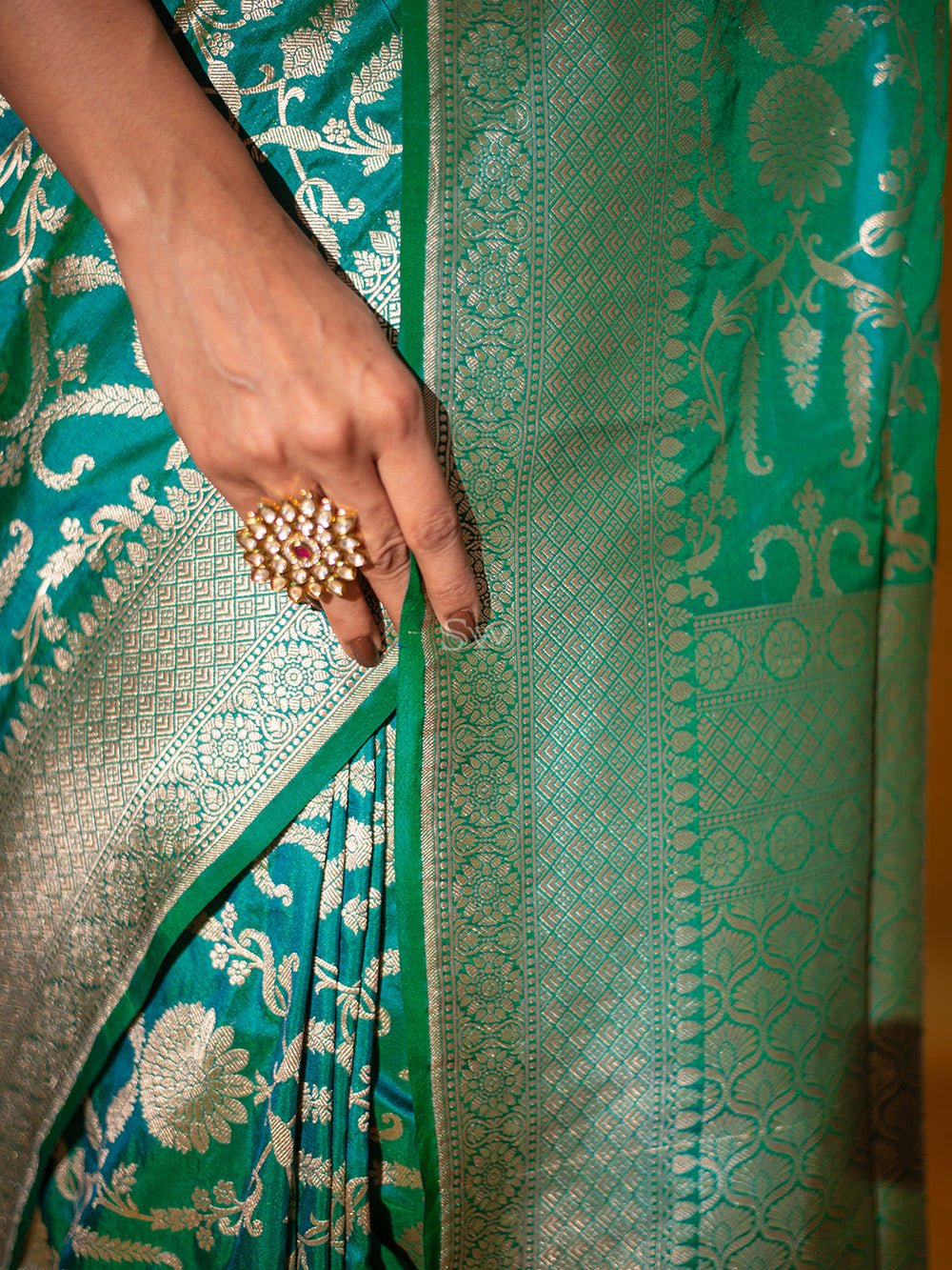 Teal Green Uppada Katan Silk Handloom Banarasi Saree - Sacred Weaves