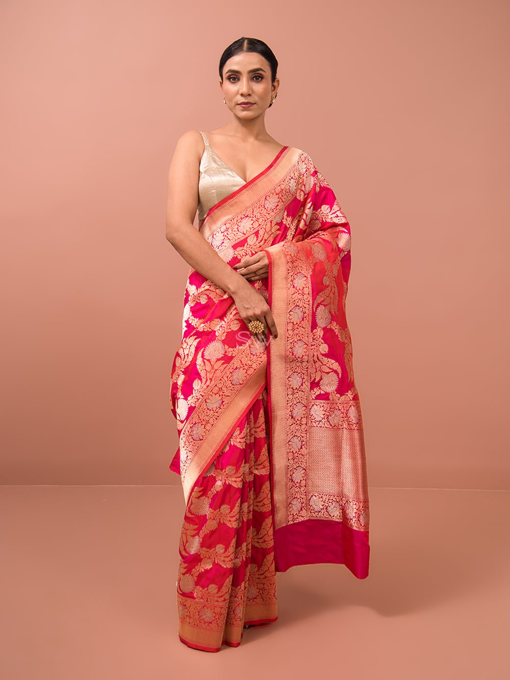Pink Orange Jaal Katan Silk Handloom Banarasi Saree - Sacred Weaves 