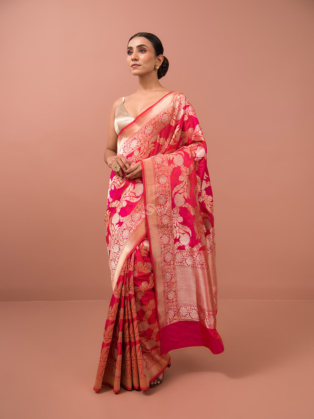 Pink Orange Jaal Katan Silk Handloom Banarasi Saree - Sacred Weaves