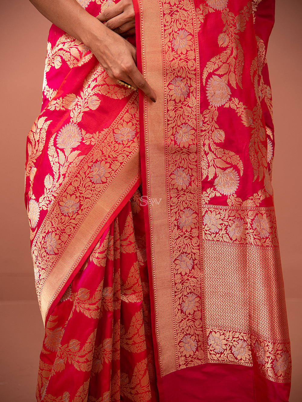 Pink Orange Jaal Katan Silk Handloom Banarasi Saree