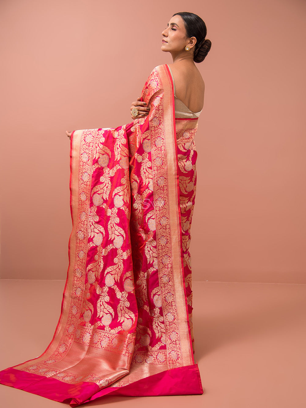 Pink Orange Jaal Katan Silk Handloom Banarasi Saree - Sacred Weaves