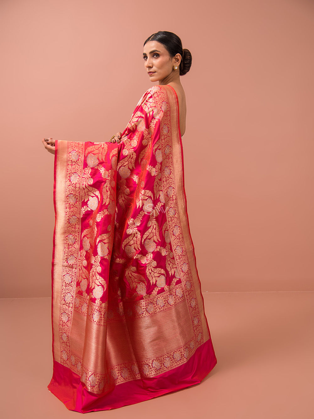 Pink Orange Jaal Katan Silk Handloom Banarasi Saree - Sacred Weaves