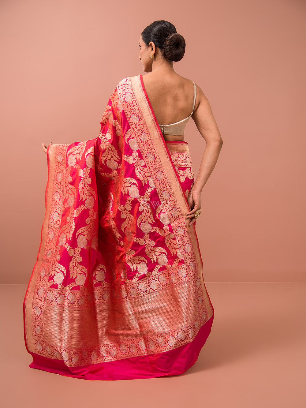 Pink Orange Jaal Katan Silk Handloom Banarasi Saree - Sacred Weaves
