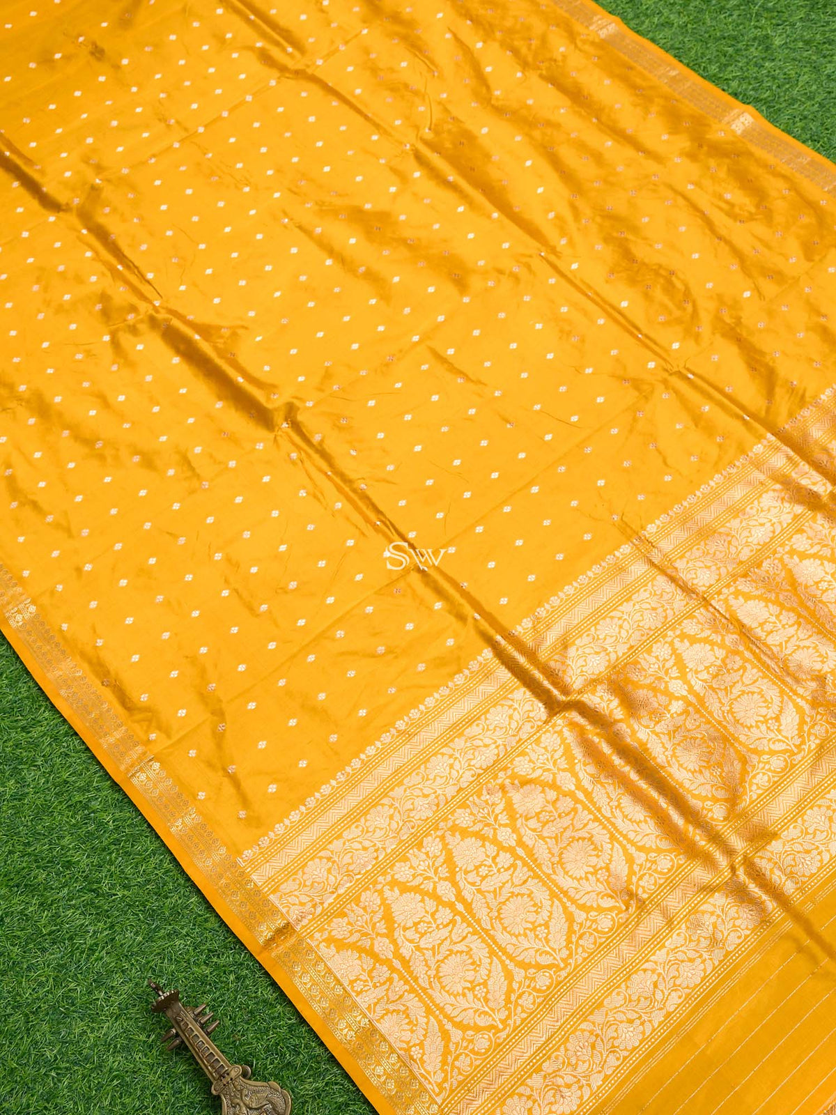 Yellow Booti Katan Silk Handloom Banarasi Saree - Sacred Weaves