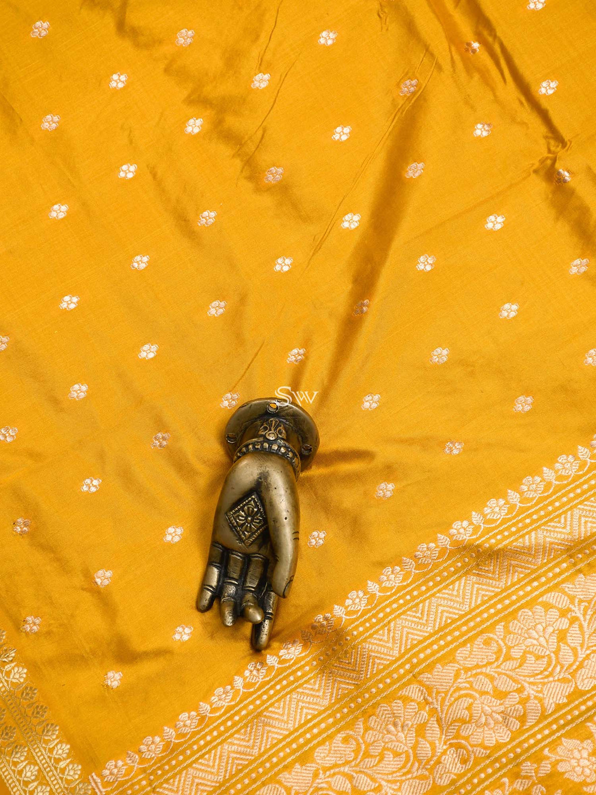 Yellow Booti Katan Silk Handloom Banarasi Saree - Sacred Weaves