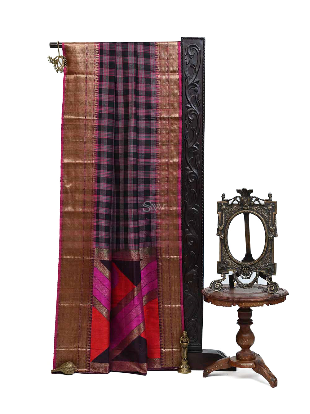 Black Grey Check Dupion Silk Handloom Banarasi Saree - Sacred Weaves