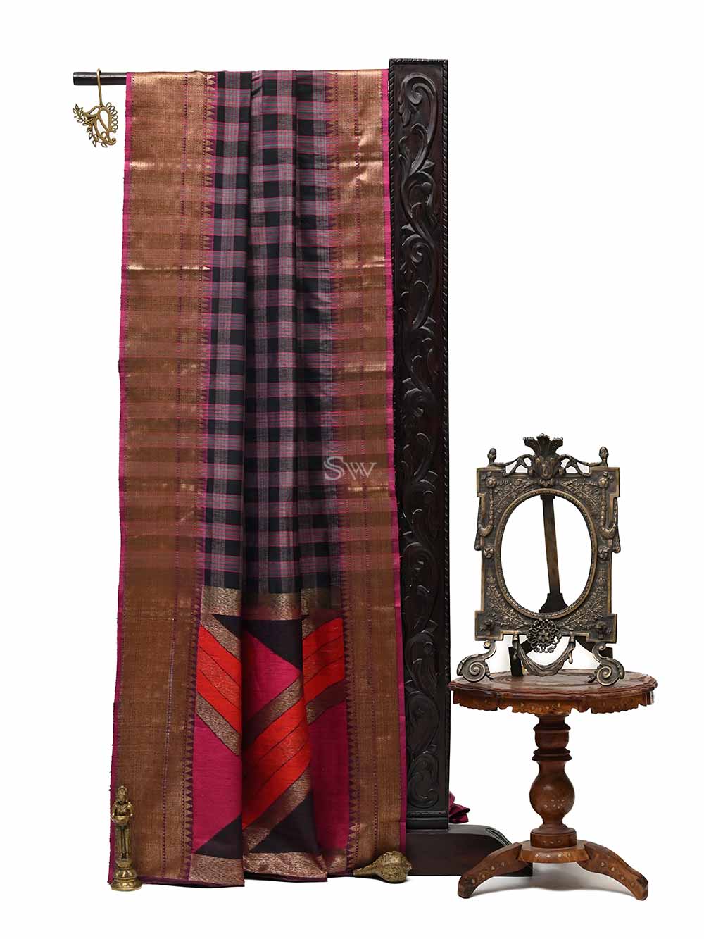 Black-Grey Check Dupion Silk Handloom Banarasi Saree - Sacred Weaves
