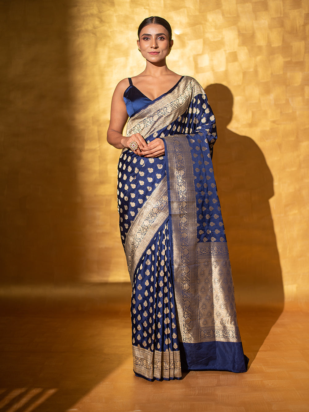 Blue Booti Satin Silk Handloom Banarasi Saree - Sacred Weaves 