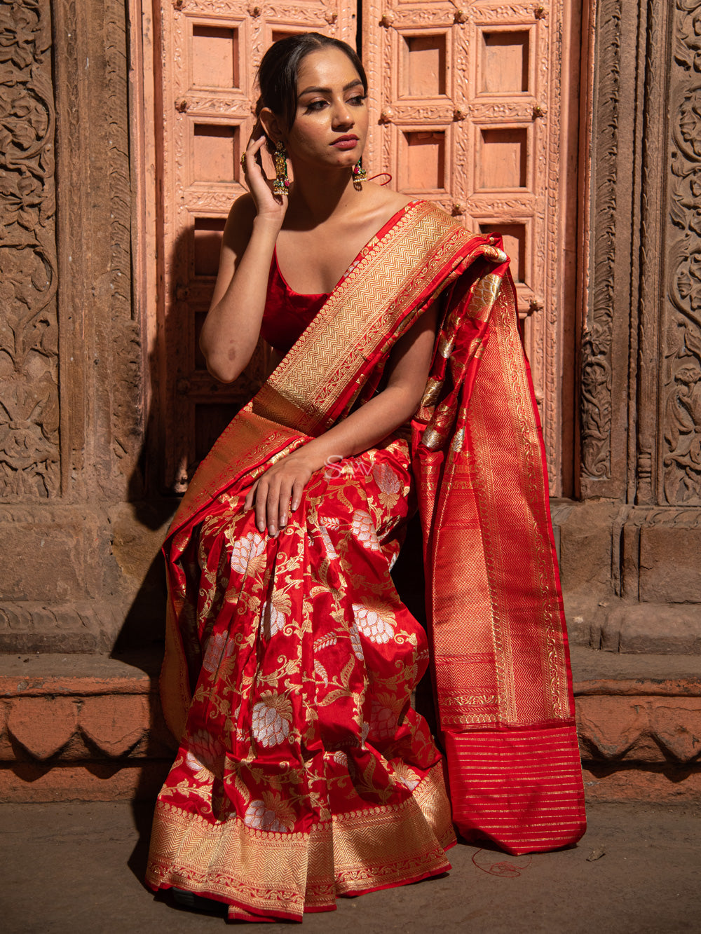 Red Jaal Katan Silk Handloom Banarasi Saree - Sacred Weaves