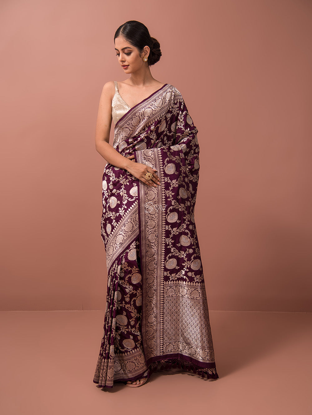 Wine Jaal Katan Silk Handloom Banarasi Saree - Sacred Weaves