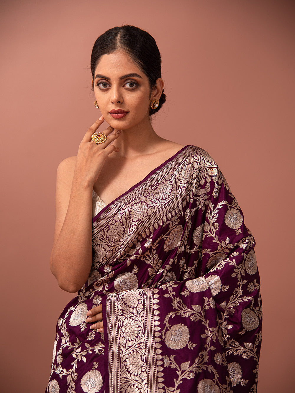 Wine Jaal Katan Silk Handloom Banarasi Saree - Sacred Weaves