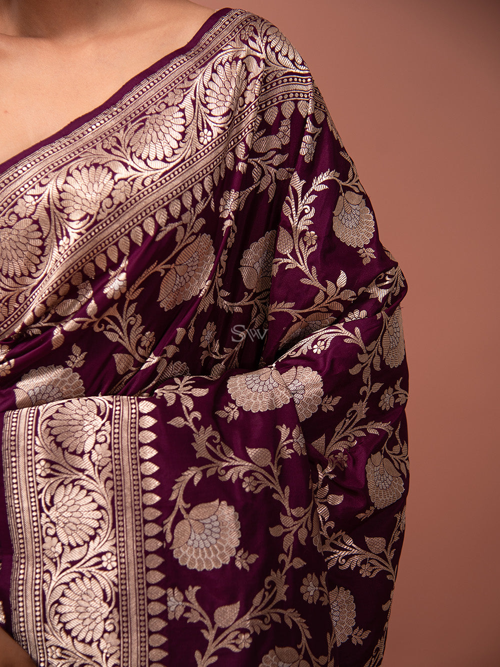 Wine Jaal Katan Silk Handloom Banarasi Saree - Sacred Weaves