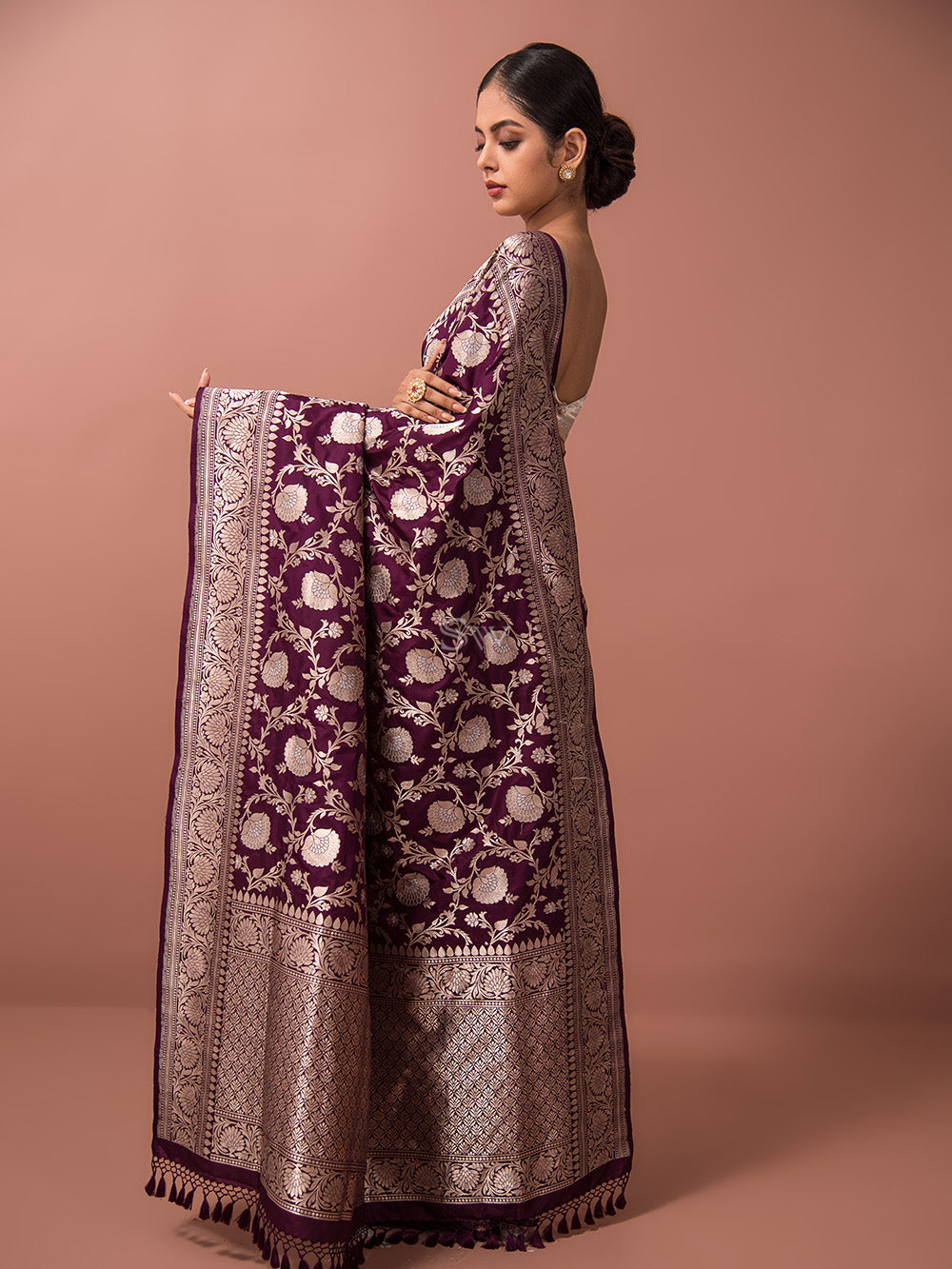 Wine Jaal Katan Silk Handloom Banarasi Saree - Sacred Weaves