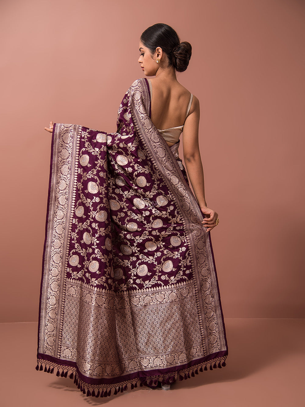 Wine Jaal Katan Silk Handloom Banarasi Saree - Sacred Weaves