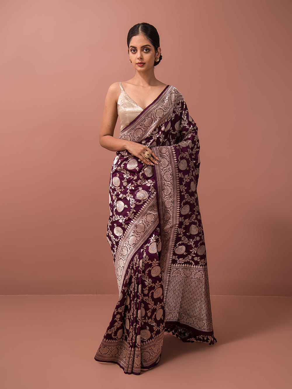 Wine Jaal Katan Silk Handloom Banarasi Saree - Sacred Weaves