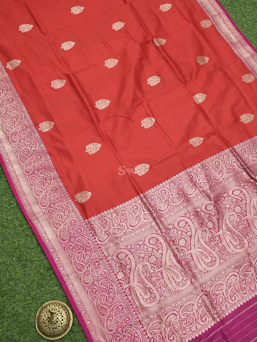 Red Boota Katan Silk Handloom Banarasi Saree - Sacred Weaves