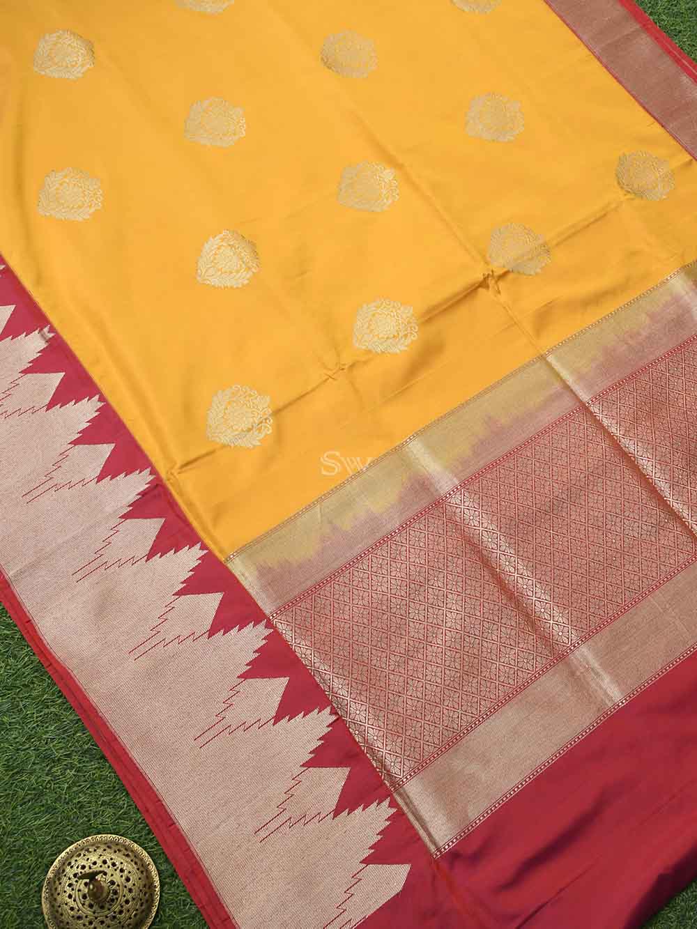 Mustard Boota Katan Silk Handloom Banarasi Saree - Sacred Weaves