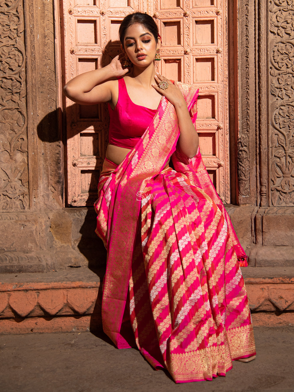 Pink Orange Stripe Katan Silk Handloom Banarasi Saree - Sacred Weaves