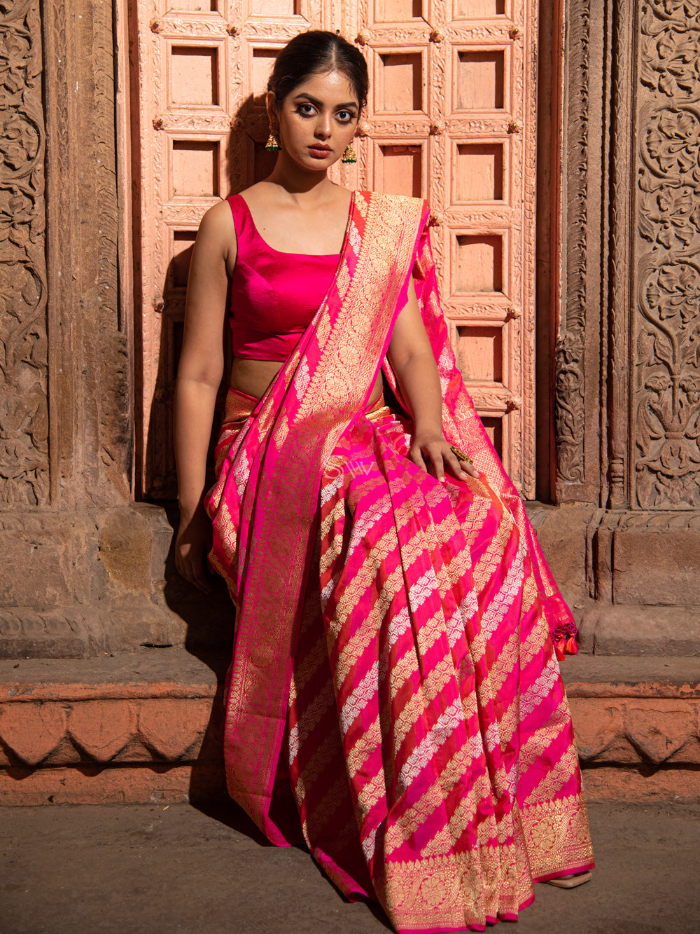 Pink Orange Stripe Katan Silk Handloom Banarasi Saree - Sacred Weaves