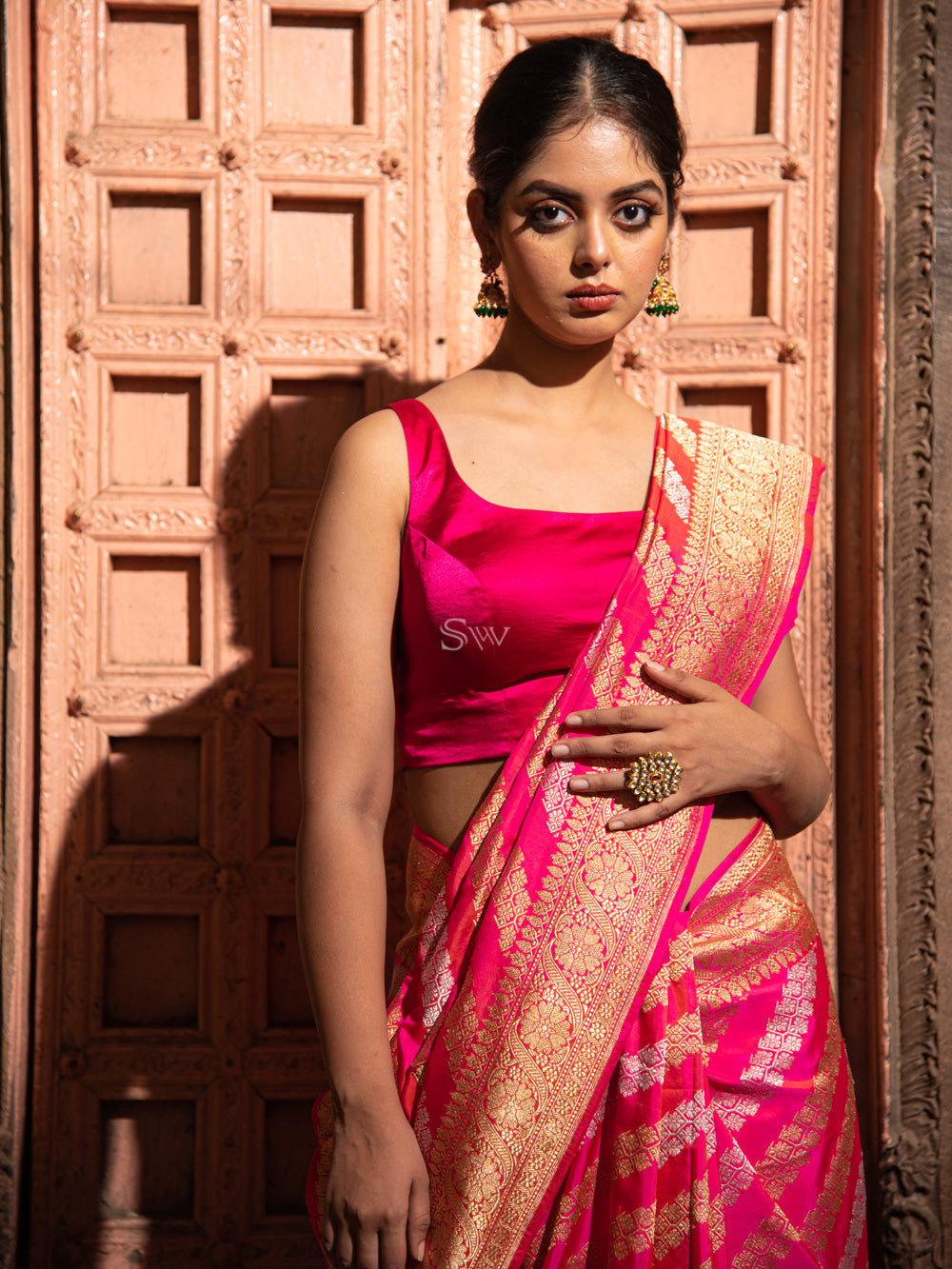 Pink Orange Stripe Katan Silk Handloom Banarasi Saree - Sacred Weaves
