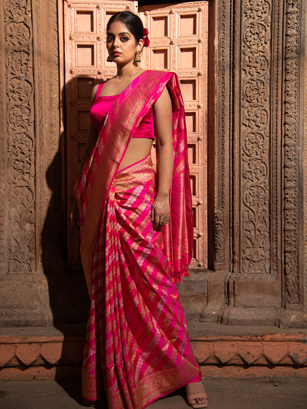 Pink Orange Stripe Katan Silk Handloom Banarasi Saree - Sacred Weaves
