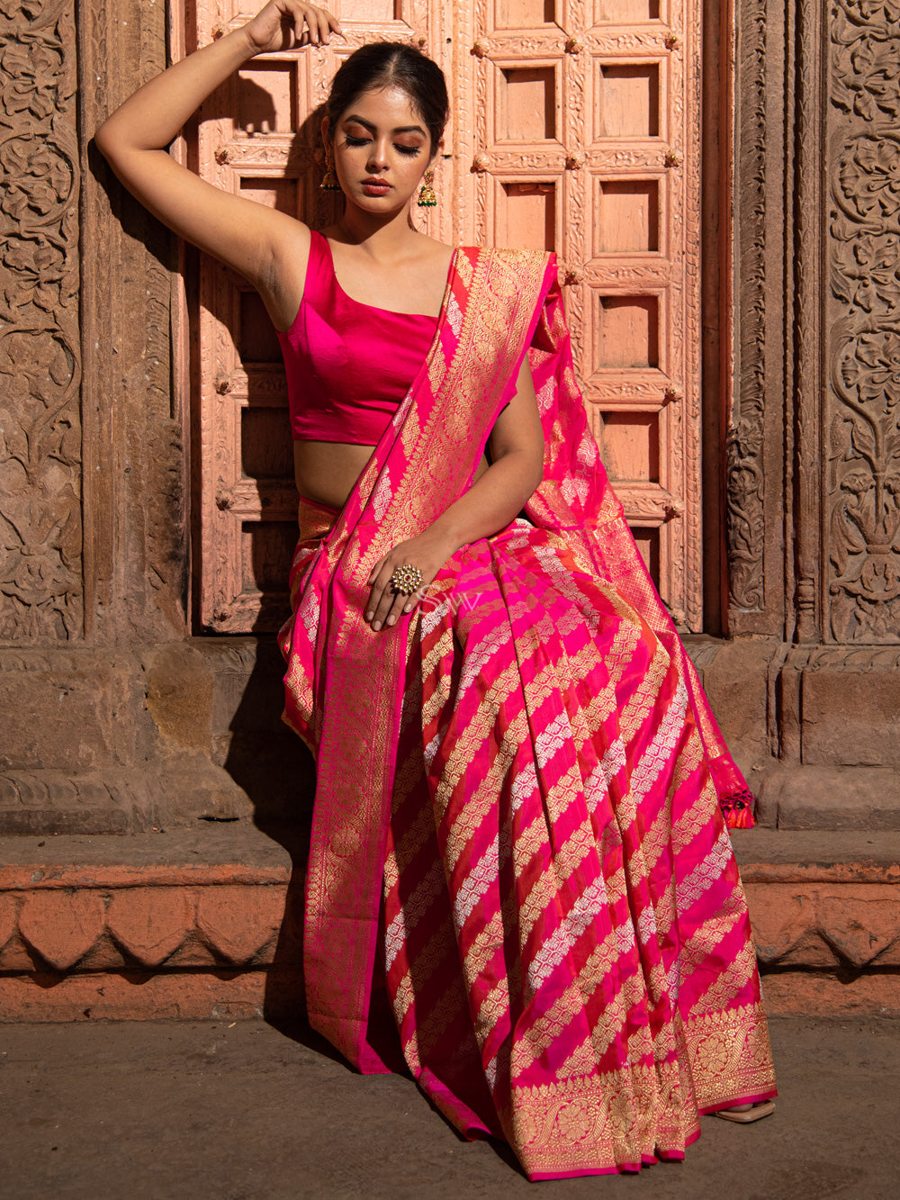 Pink Orange Stripe Katan Silk Handloom Banarasi Saree - Sacred Weaves