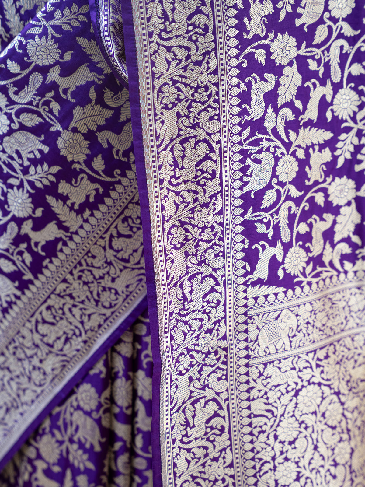 Purple Shikargah Brocade Katan Silk Handloom Banarasi Saree - Sacred Weaves