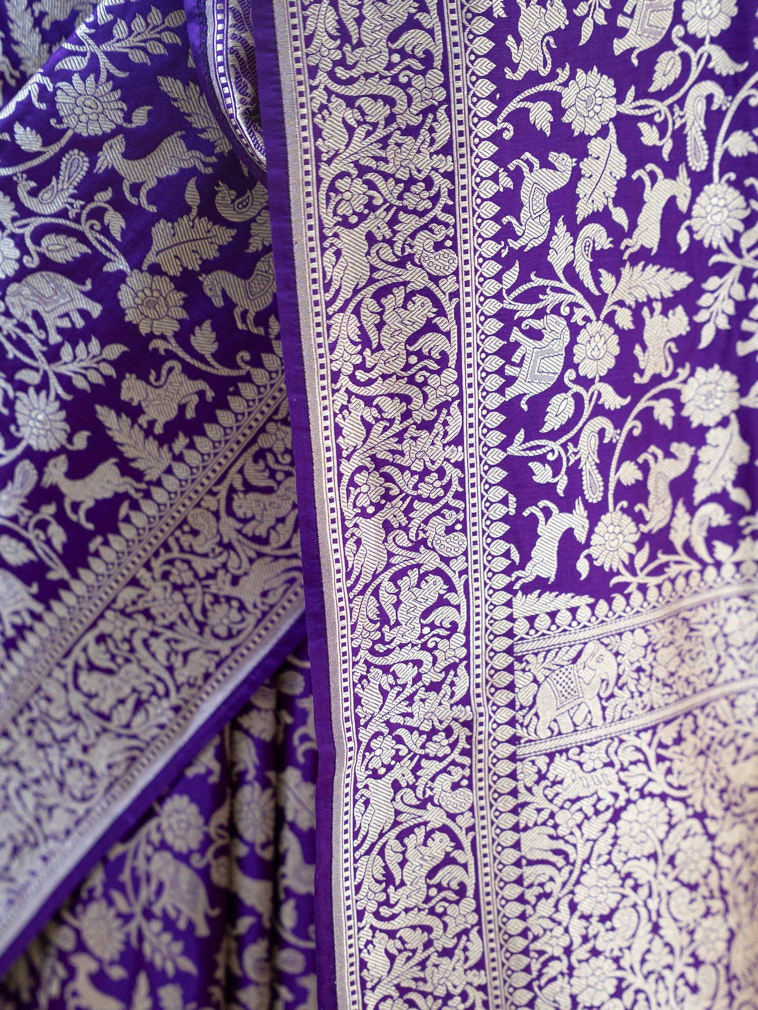 Purple Shikargah Brocade Katan Silk Handloom Banarasi Saree - Sacred Weaves