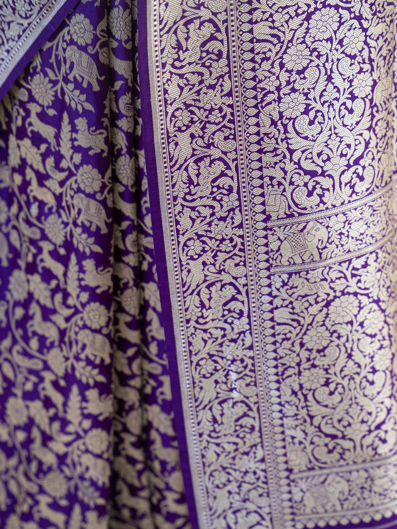 Purple Shikargah Brocade Katan Silk Handloom Banarasi Saree - Sacred Weaves