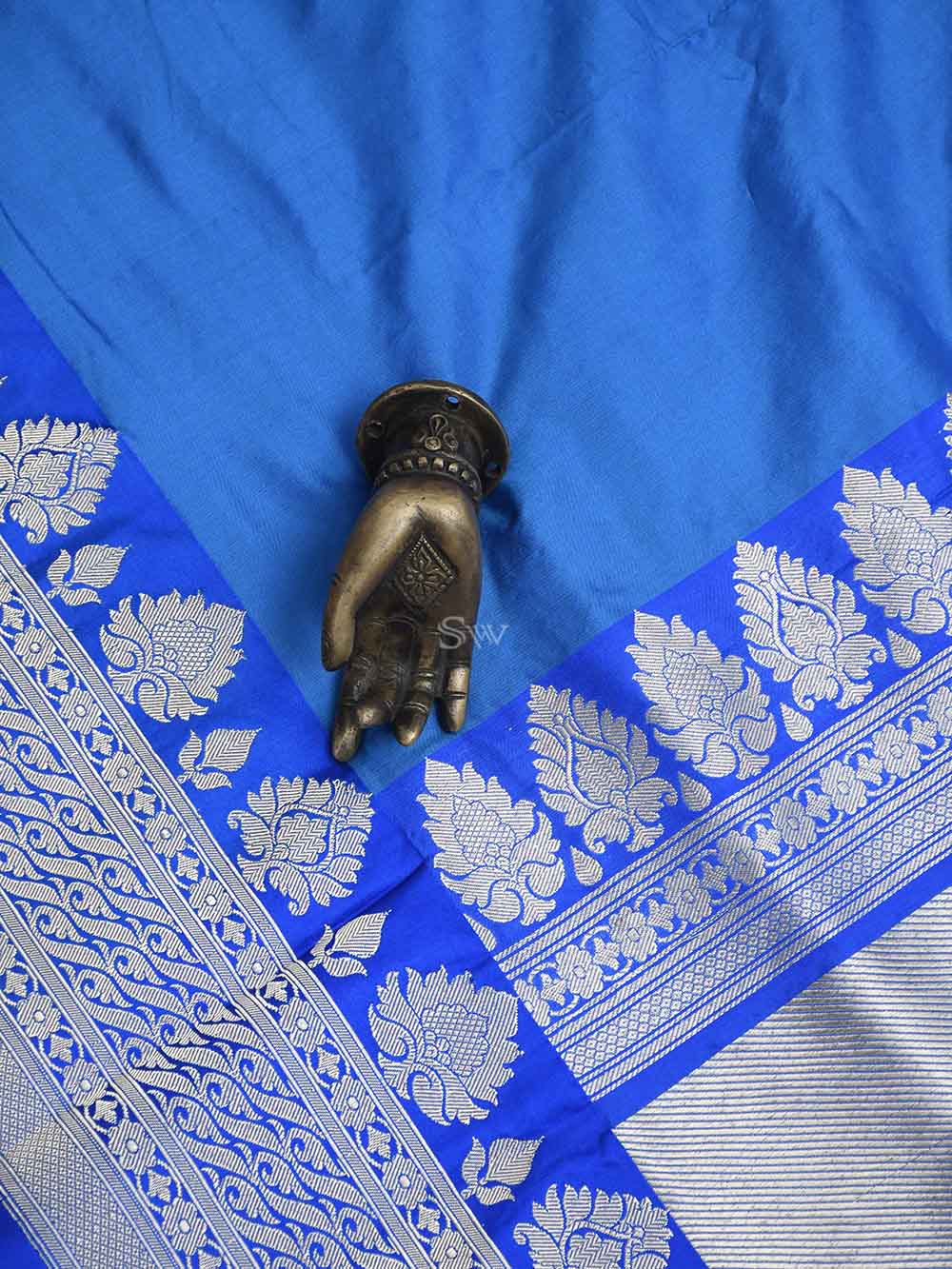 Turquoise Blue Plain Katan Silk Handloom Banarasi Saree - Sacred Weaves