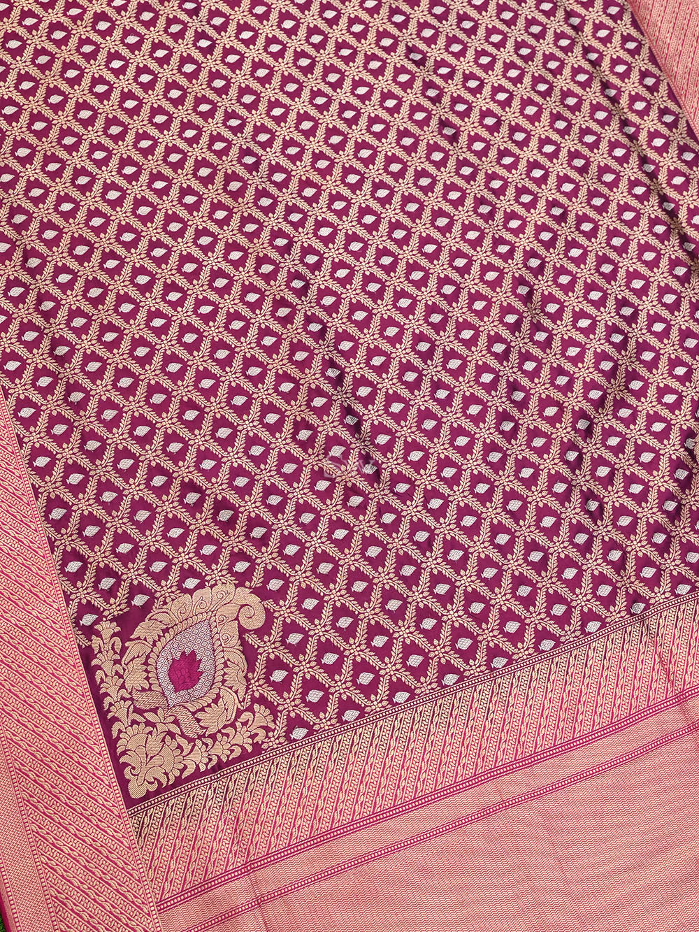 Wine Jaal Katan Silk Handloom Banarasi Saree - Sacred Weaves