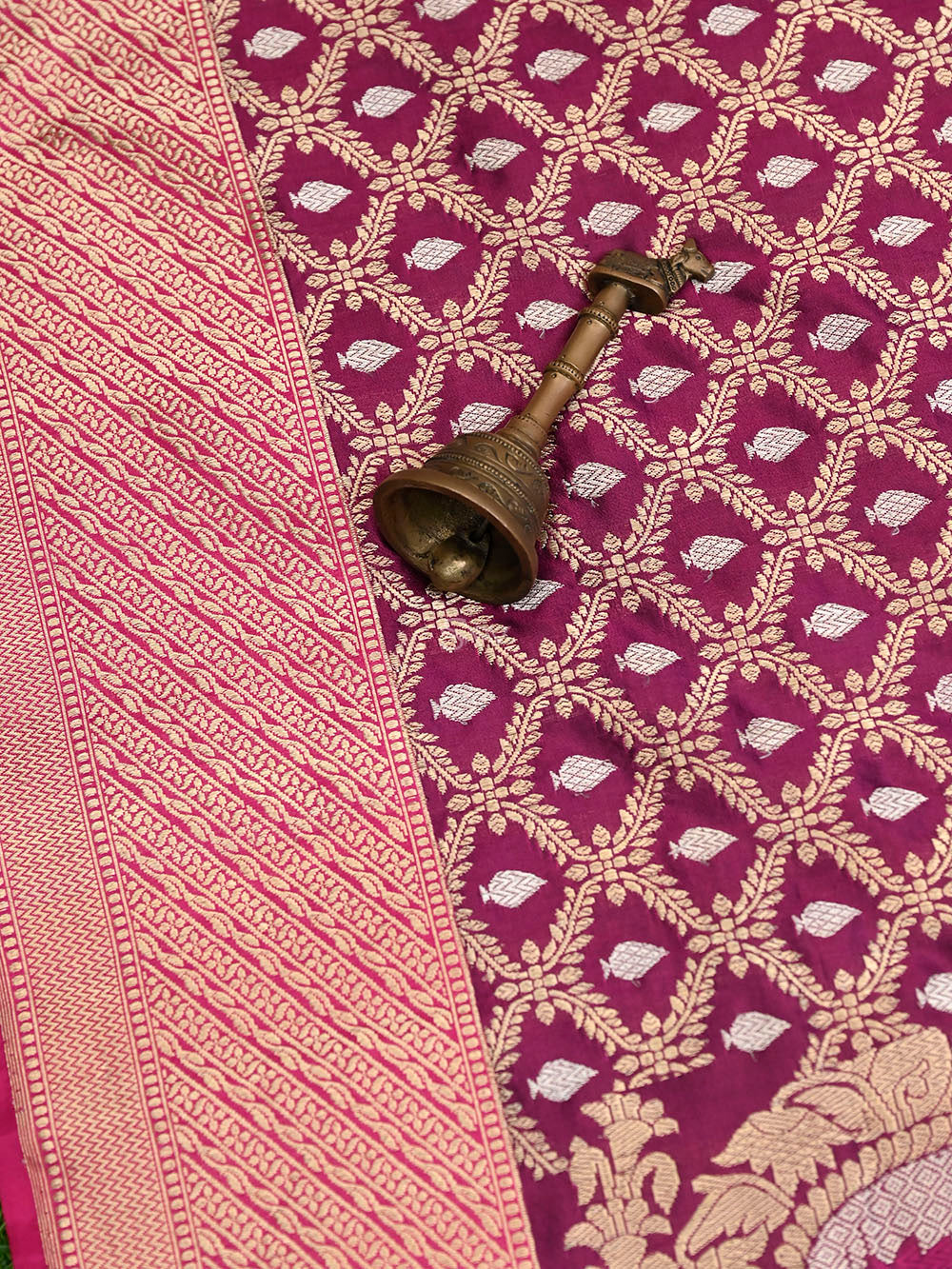 Wine Jaal Katan Silk Handloom Banarasi Saree - Sacred Weaves