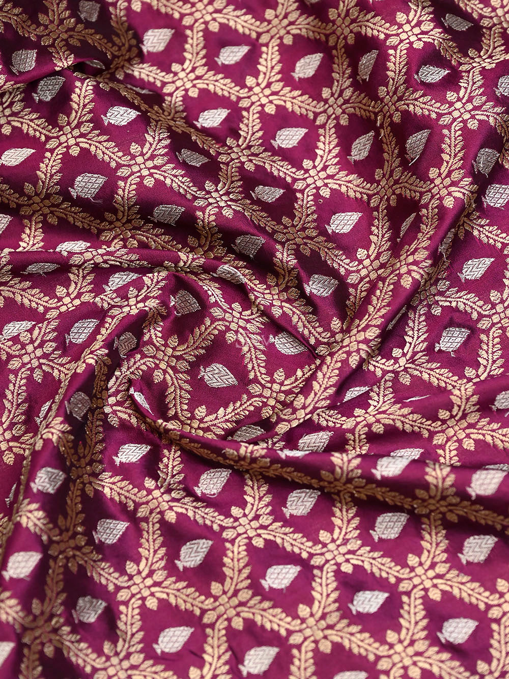 Wine Jaal Katan Silk Handloom Banarasi Saree - Sacred Weaves