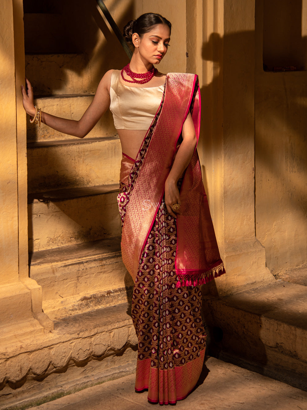 Wine Jaal Katan Silk Handloom Banarasi Saree - Sacred Weaves
