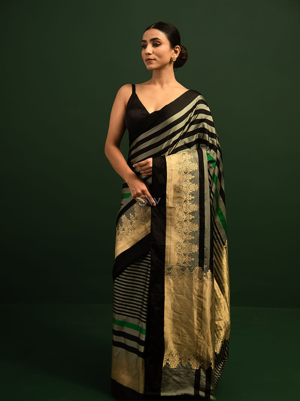Grey Black Stripe Satin Silk Handloom Banarasi Saree - Sacred Weaves