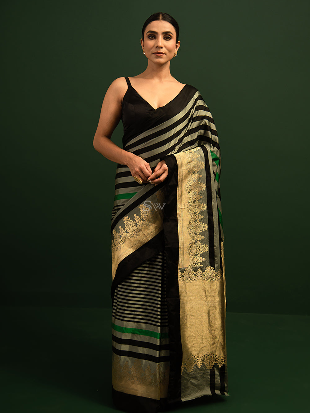 Grey Black Stripe Satin Silk Handloom Banarasi Saree - Sacred Weaves