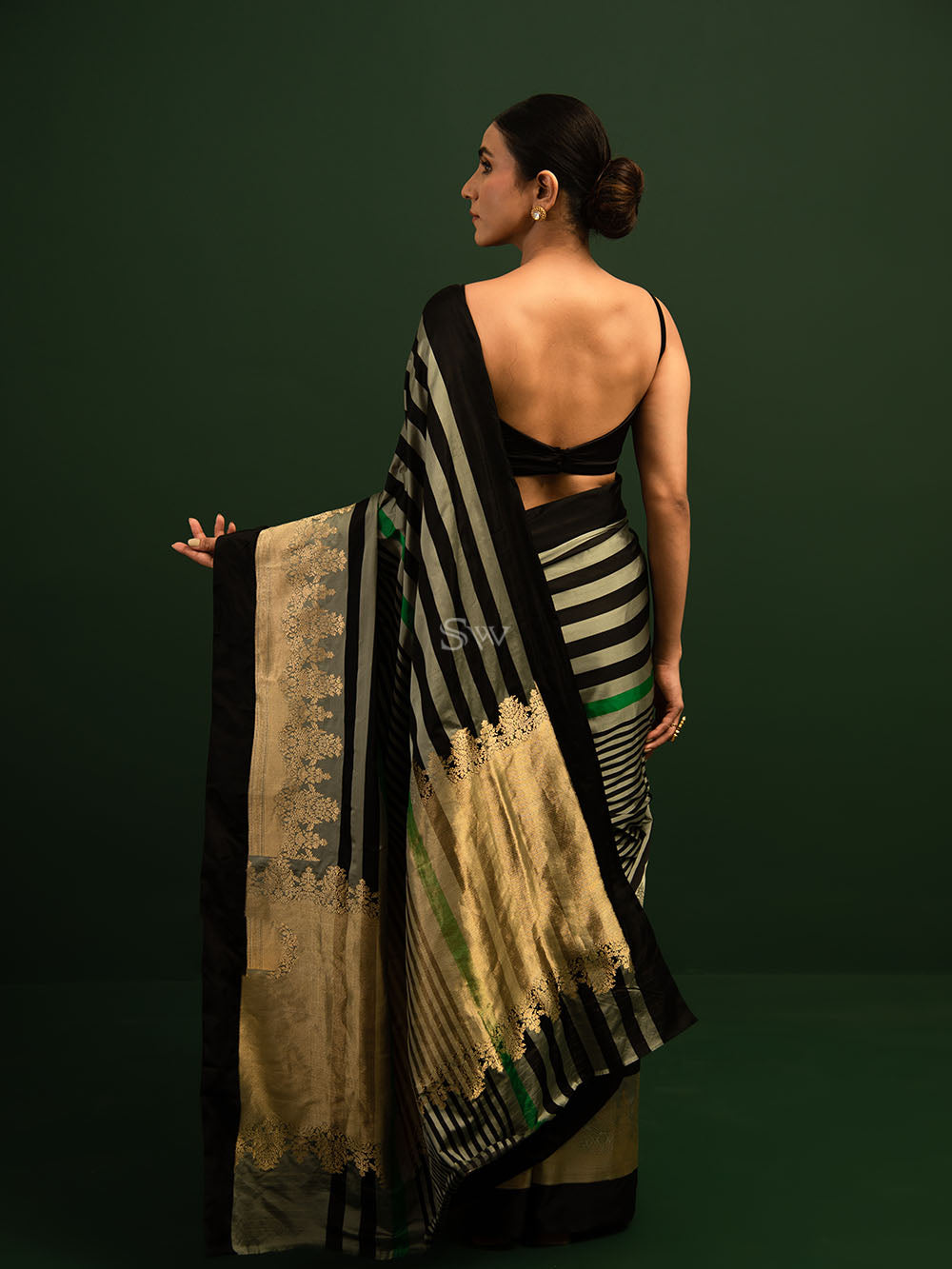 Grey Black Stripe Satin Silk Handloom Banarasi Saree - Sacred Weaves
