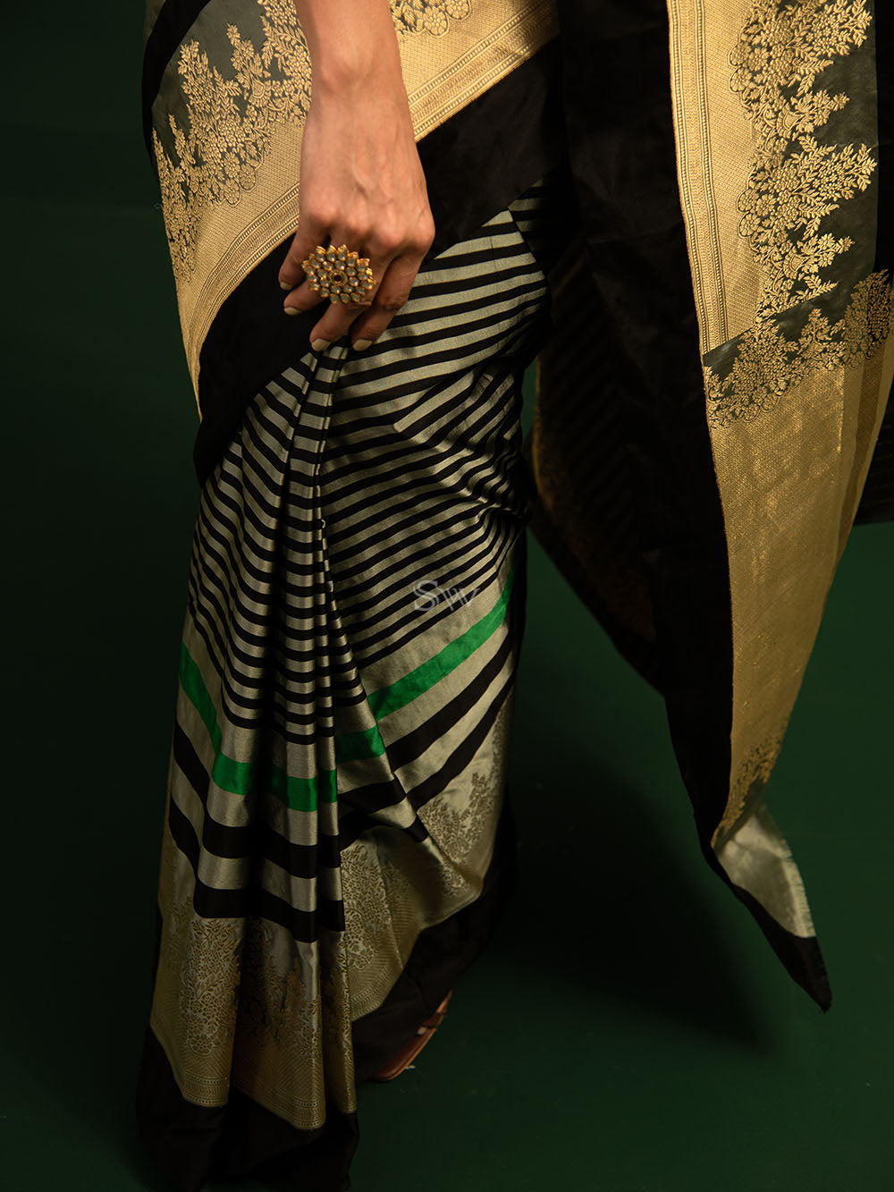 Grey Black Stripe Satin Silk Handloom Banarasi Saree - Sacred Weaves