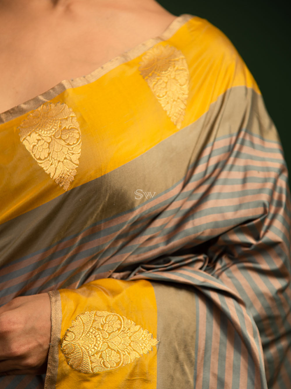 Grey Dusty Pink Stripe Satin Silk Handloom Banarasi Saree - Sacred Weaves