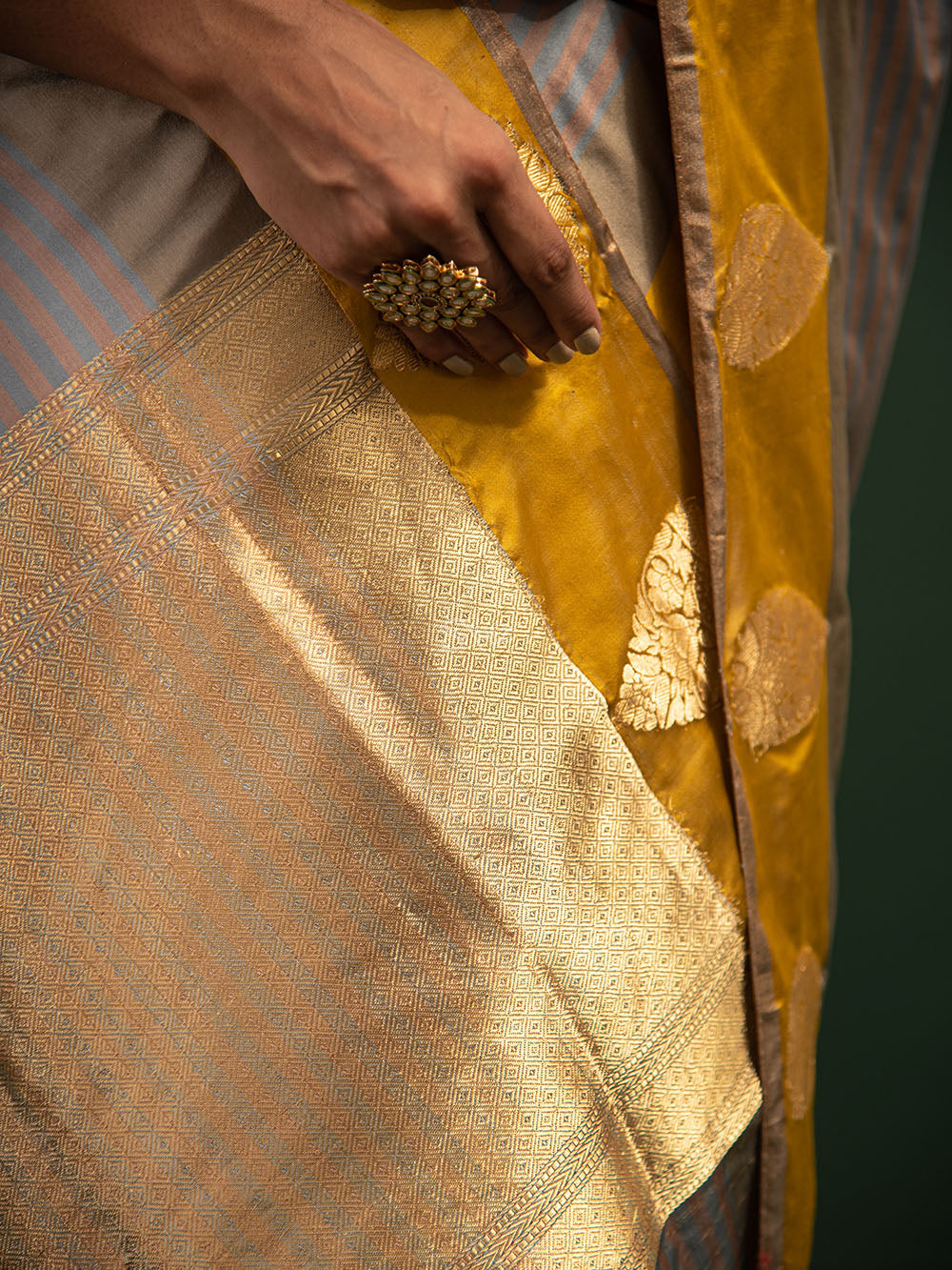 Grey Dusty Pink Stripe Satin Silk Handloom Banarasi Saree - Sacred Weaves