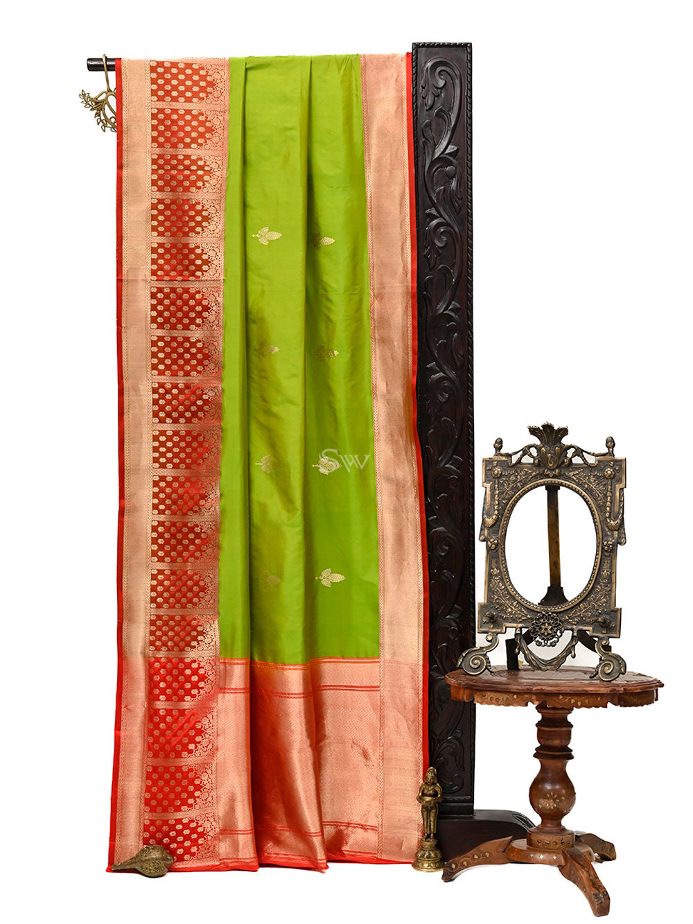 Parrot Green Boota Katan Silk Handloom Banarasi Saree - Sacred Weaves