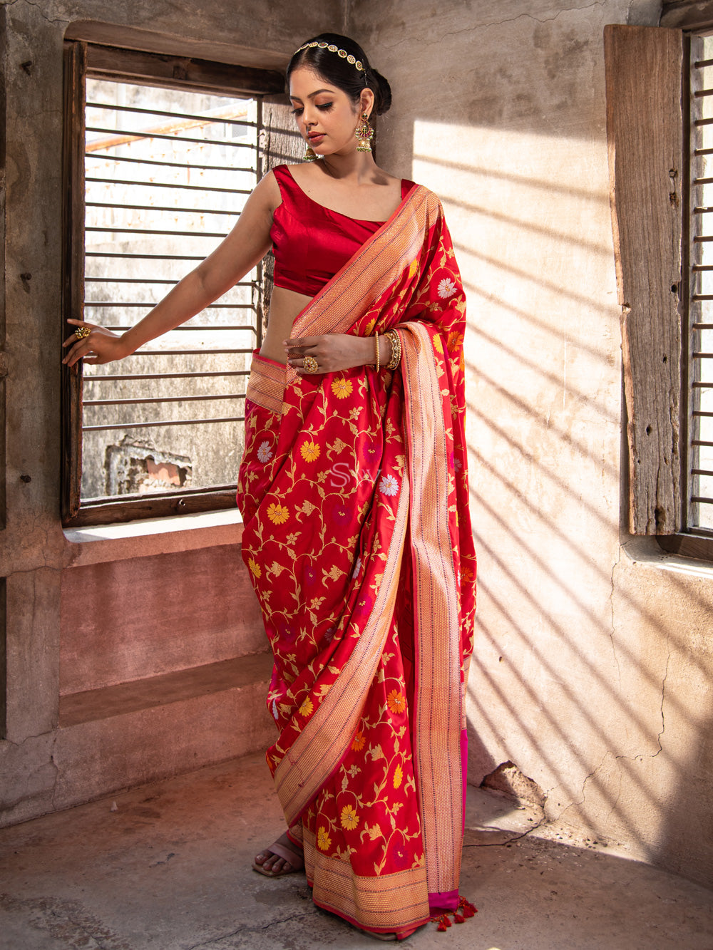 Red Meenakari Katan Silk Handloom Banarasi Saree - Sacred Weaves