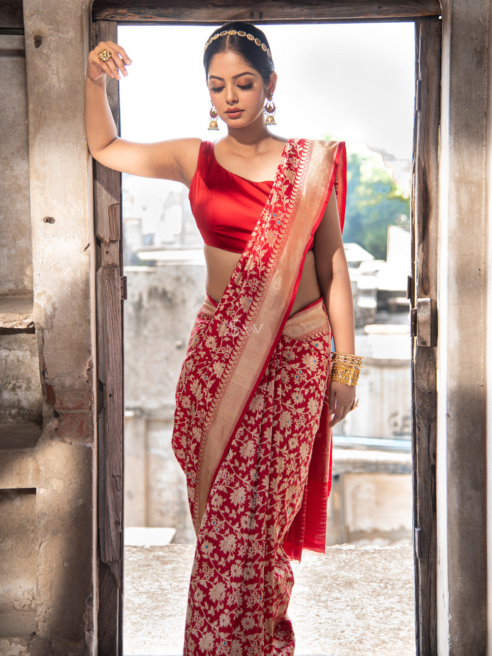 Red Meenakari Katan Silk Handloom Banarasi Saree - Sacred Weaves