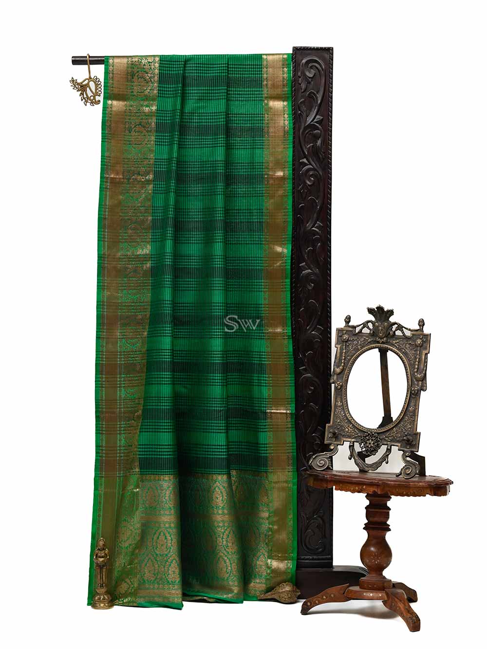 Green checks Tussar Silk Handloom Banarasi Saree - Sacred Weaves